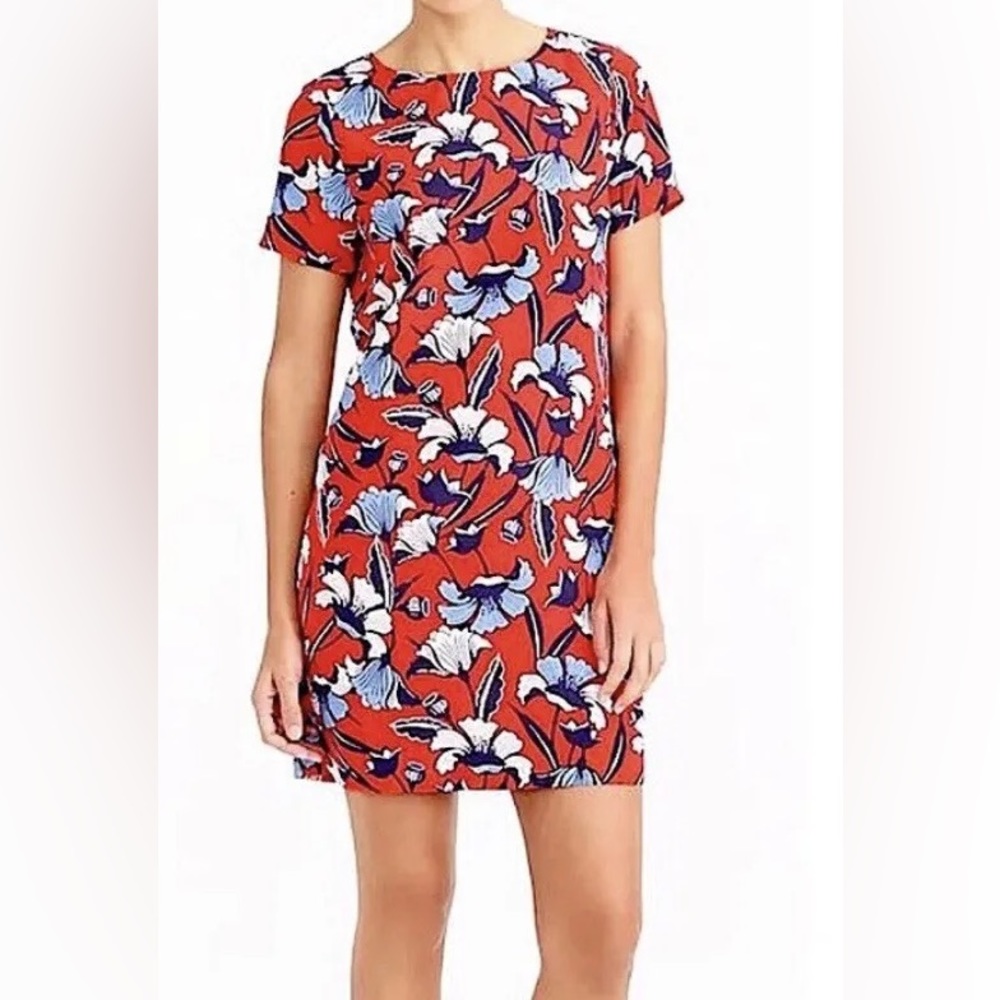 J Crew Printed Gallery Shift Dress Red Blue Floral Size 2